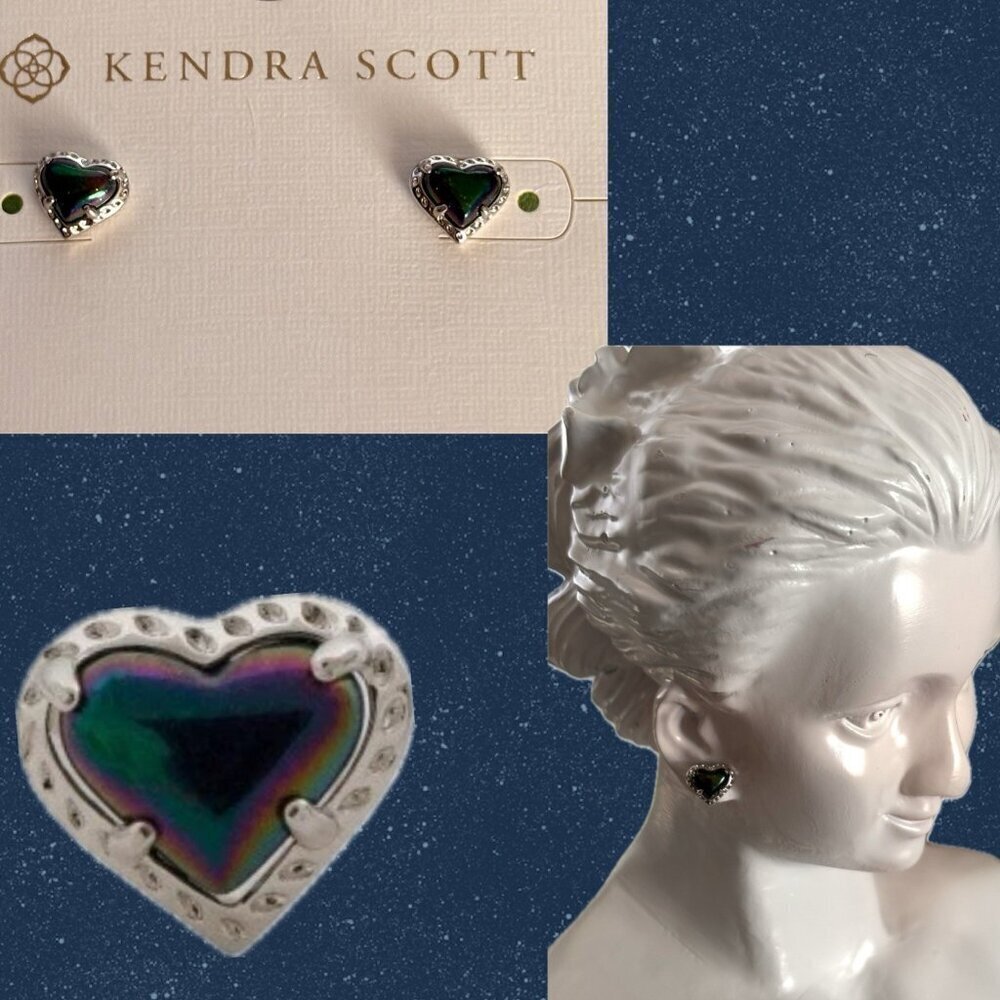 Kendra Scott Navy Blue Iridescent Mini Heart Silver Rhodium Brass Stud Earrings